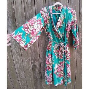 Unbranded kimono robe smock size S/M green floral snap button back art to wear